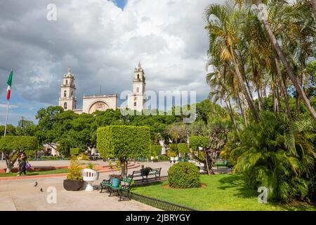 Mexiko, Bundesstaat Yucatán, Merida-Hauptstadt von Yucatán, Hauptplatz von Merida Plaza Grande mit der Kathedrale im Hintergrund Stockfoto