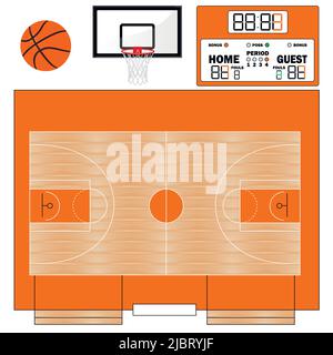 Vektorgrafik Basketballfeld. Infografiken für Webseiten, Sportübertragungen, Strategien Hintergründe. Ball, Basketball-Tasche, Anzeigetafel. Stock Vektor