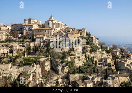 Frankreich, Vaucluse, regionales Naturschutzgebiet von Luberon, Gordes, zertifiziert die schönsten Dörfer Frankreichs, das Dorf auf einem felsigen Sporn thront Stockfoto