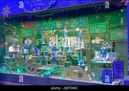 Frankreich, Paris, Boulevard Haussmann und die Schaufenster des Kaufhauses Printemps in den Weihnachtsferien Stockfoto