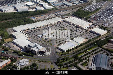 Luftaufnahme des New Mersey Shopping Parks, Speke, Liverpool Stockfoto