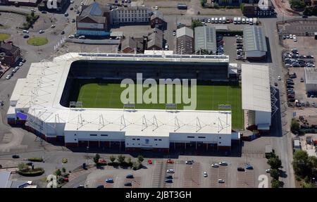 Luftaufnahme des Halliwell Jones Stadium, Heimstadion des Rugby League-Clubs Warrington Wolves Stockfoto