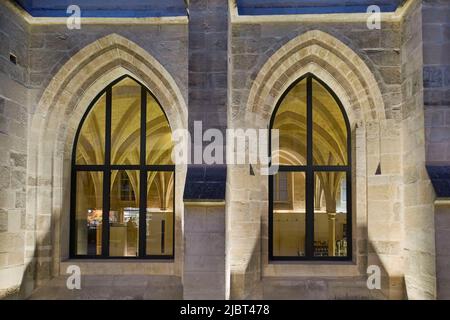 Frankreich, Paris, College des Bernardins, Detail der Fassade bei Nacht Stockfoto