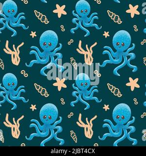 Nahtloses Muster mit Oktopus und Muscheln. Grafische Abbildung. Muster mit einem niedlichen Oktopus mit einem Lächeln. Kinderdesign für Kleidung, Notebooks. Stockfoto