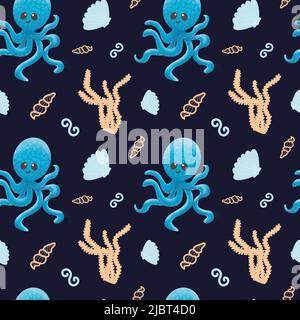 Nahtloses Muster mit Oktopus und Muscheln. Algen. Grafische Abbildung. Muster mit einem niedlichen Oktopus mit einem Lächeln. Kinderdesign für Kleidung. Stockfoto