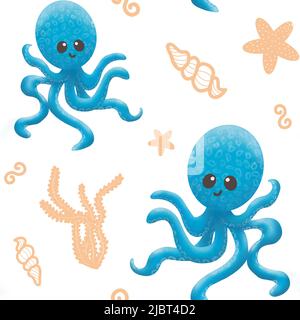 Nahtloses Muster mit Oktopus und Muscheln. Grafische Abbildung. Muster mit einem niedlichen Oktopus mit einem Lächeln. Kinderdesign für Kleidung, Notebooks. Stockfoto