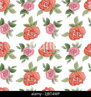 Muster mit Rosen. Aquarell-Nahtloses Muster mit Rosenblüten. Rote und rosa Blüten im Doodle-Stil auf weißem Hintergrund. Drucken für Textilien Stockfoto