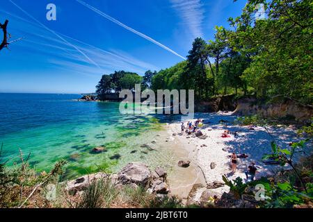 Frankreich, Finistère, Fouesnant, die Küste zwischen Cap Coz und Pointe de Beg Meil, Bucht und Strand entlang der Küstenstraße, durchscheinendes Wasser und feiner Sand, Gruppe von Menschen am Strand zum Entspannen Stockfoto