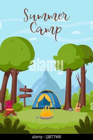 Sommerlandschaft im Wald. Sommertime camping, Wandern, Camper, Abenteuer Zeit Konzept. Flache Vektorgrafik für Poster, Banner, Flyer Stock Vektor