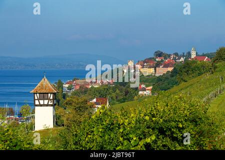 Deutschland, Baden-Württemberg, Bodensee, Meersburg, Weinberg und Winzerturm mit Meersburg im Hintergrund Stockfoto