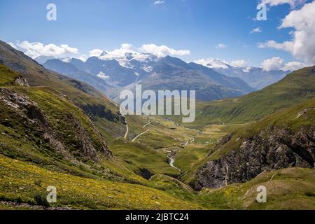 Frankreich, Savoie, Nationalpark Vanoise, Bonneval-sur-Arc, Lenta-Tal an der Straße zu den Grandes Alpes, zwischen dem Col de l'Iseran und Bonneval-sur-Arc. Die Grenzgletscher und Gipfel von Albaron (3637 m) und Pointe de Charbonel (3752 m) im Hintergrund Stockfoto