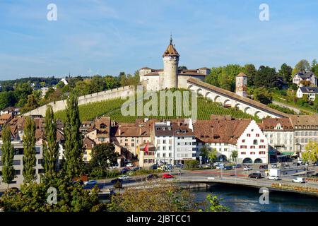 Schweiz, Kanton Schaffhausen, Schaffhausen, Altstadt, Schloss Munot und Rhein Stockfoto