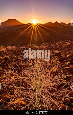 Namibia, Kunene Region, Damaraland, Bergsig, Wüstenuntergang Stockfoto