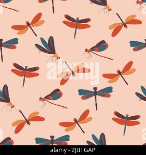 Schöne Libellen mit bunten Flügeln nahtloses Muster. Flache Vektorgrafik Stock Vektor