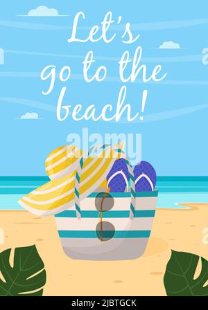 Bunte Damen Sommertasche mit Strand Accessoires. Sommerliche Designelemente. Flache Vektorgrafik für Poster, Banner, Flyer Stock Vektor