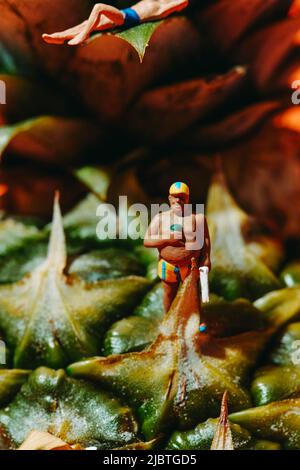 Nahaufnahme eines Miniaturmannes, der einen gestreiften Badeanzug trägt, auf einer Ananas steht, neben einem anderen Miniaturmann im Badeanzug, der sich hinlegt, um sich zu sonnen Stockfoto