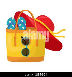 Bunte Damen Sommertasche mit Strand Accessoires. Sommerliche Designelemente. Stock Vektor