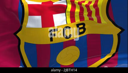 Barcelona, Spanien, Mai 2022: Nahaufnahme der Flagge des FC Barcelona . Der FC Barcelona ist ein spanischer Profifußballverein mit Sitz in Barcelona Stockfoto