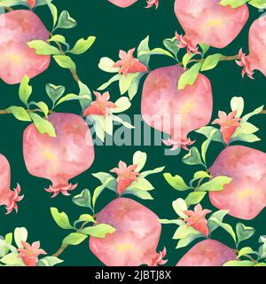 Reife Granatäpfel mit roten Blüten und hellen Blättern. Botanische Aquarelldarstellung. Obst auf den Zweigen. Nahtloses Muster auf dunklem Hintergrund. Stockfoto