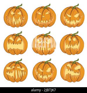 Halloween. Vektor-Illustration von Jack-o'-Laterne für Karten, Banner, Aufkleber, Flyer. Farbiger Satz von Kürbissen auf weißem Hintergrund. Stock Vektor