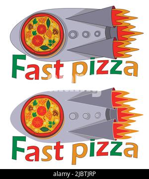 Schnelle Pizzalieferung. Illustration von Dienstleistungen für Pizzeria, Restaurants, Cafés, Restaurants. Eine Zeichnung einer Rakete in deren Bullauge Pizza ist. Stock Vektor