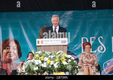 König Philippe - Filip von Belgien hält eine Rede bei einer Zeremonie auf der Esplanade des 'Palais du Peuple' in Kinshasa, während eines offiziellen Besuches des belgischen Königspaares in der Demokratischen Republik Kongo am Mittwoch, den 08. Juni 2022. Der belgische König und die belgische Königin werden vom 7.. Bis 13.. Juni Kinshasa, Lubumbashi und Bukavu besuchen. BELGA FOTO NICOLAS MAETERLINCK Stockfoto