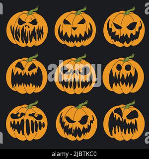 Halloween Schablone. Vektor-Illustration von Jack-o'-Laterne für Karten, Banner, Aufkleber, Flyer. Farbiger Satz von Kürbisgesichtern auf schwarzem Hintergrund. Stock Vektor