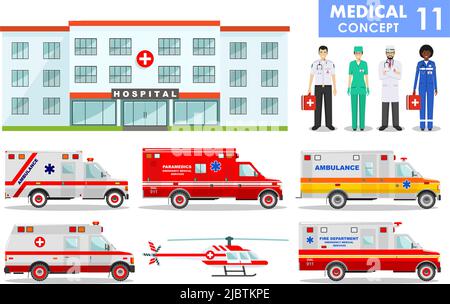 Berufe der Menschen. Detaillierte Abbildung des Krankenhausgebäudes, Ambulanzwagen Hubschrauber, Notarzt und medizinische Menschen in flachen Stil auf Whi Stock Vektor