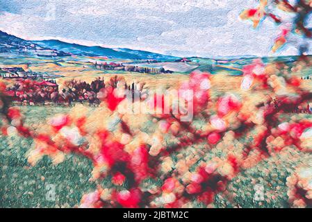 Toskana, Italien. Val d'Orcia malerische abendliche Hügellandschaft mit blühenden Kirschbäumen. Stockfoto