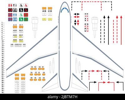 Ebene. Abbildung von Flugzeugteilen für die Montage der Kabine. Ein universeller Satz von Flugzeugfragmenten, der als Hintergrund verwendet werden kann. Stock Vektor