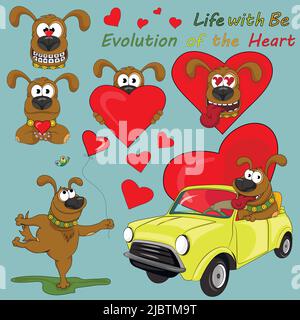 Leben mit Be. Entwicklung des Herzens. Serie von Illustrationen zum Valentinstag und niedlichen Postkarten. Hund mit Herz. Stock Vektor