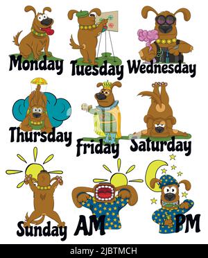 Hundetage der Woche. Lustiger Hund, der zu verschiedenen Zeiten der Woche von Hand gezogen wird. Illustration von verschiedenen Dingen, die jeden Tag aufmuntern. Stock Vektor
