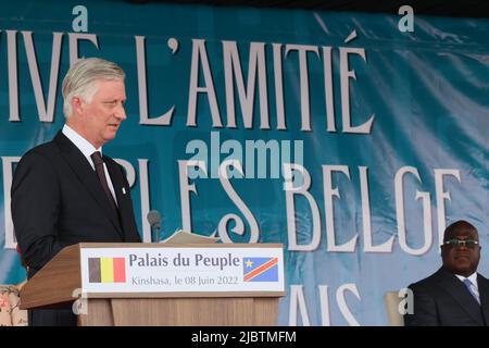 König Philippe - Filip von Belgien hält eine Rede bei einer Zeremonie auf der Esplanade des 'Palais du Peuple' in Kinshasa, während eines offiziellen Besuches des belgischen Königspaares in der Demokratischen Republik Kongo am Mittwoch, den 08. Juni 2022. Der belgische König und die belgische Königin werden vom 7.. Bis 13.. Juni Kinshasa, Lubumbashi und Bukavu besuchen. BELGA FOTO BENOIT DOPPAGNE Stockfoto