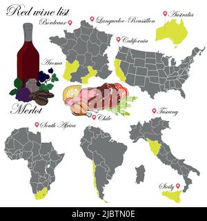 Merlot. Die Weinkarte. Eine Illustration eines Rotweines mit einem Beispiel von Aromen, einer Weinkarte und Speisen, die zum Wein passen. Stock Vektor