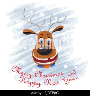 Weihnachtshirsch mit einem breiten Lächeln für Postkarten und Glückwunschaufkleber. Cartoon Hirsch für gute Laune. Stock Vektor