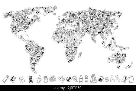 Die Weltkarte ist aus Müll gebaut. Illustration zum Thema Ökologie und Umweltschutz. Abfall und nicht recycelte Kontinente. Stock Vektor