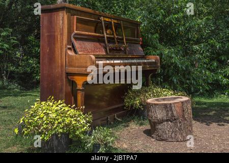 Ein baufälliges Klavier, das allein auf einem Feld steht. Unerwünschte, Einsamkeit, Verlassenheit oder Urlaub, Änderung des Szenenkonzepts. Stockfoto