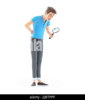 3D Mann schaut durch die Lupe, Illustration isoliert auf weißem Hintergrund Stockfoto