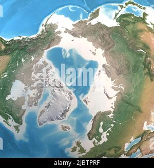 Physische Karte des Nordpols, des Arktischen Ozeans und Grönlands mit hochauflösenden Details. Satellitenansicht des Planeten Erde. Von der NASA eingerichtete Elemente Stockfoto