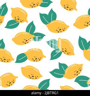 Hintergrund für frische Zitronen. Handgezeichnete bunte Tapete Vektor. Nahtloses Muster mit Zitrusfrüchten Kollektion. Dekorative Illustration auf weiß Stock Vektor
