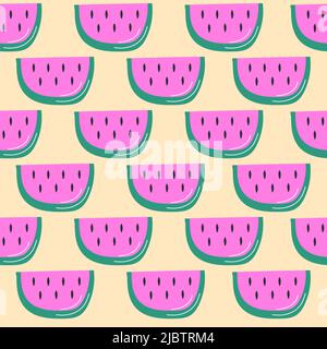 Nahtloses Muster mit Wassermelonen. Wassermelonenscheiben isoliert auf gelbem Hintergrund. Handgezeichneter Stil Stock Vektor