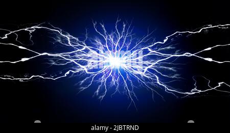 Blaue und weiße Energie mit elektrischer elektrischer Plasma-Power-Crackling-Fusion Stockfoto