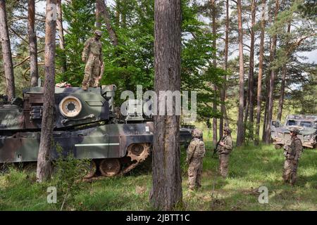 Hohenfels, Deutschland. 08.. Juni 2022. US-Soldaten stehen bei einer multinationalen Übung auf dem Hohenfels Trainingsgelände zusammen. Quelle: Nicolas Armer/dpa/Alamy Live News Stockfoto