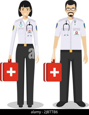 Medizinisches Konzept. Paar Ärzte Mann und Frau stehen auf weißem Hintergrund in flachem Stil zusammen. Flaches Design für Menschen. Vektorgrafiken Stock Vektor