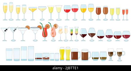 Gläser für Wein Farbabbildung, Champagner, Whiskey, Cognac. Arten von Gläsern für alkoholische und alkoholfreie Getränke. Stock Vektor