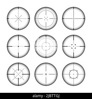 Verschiedene Waffenvisiere, Scharfschützengewehr optische Scopes. Jagdgewehr-Sucher mit Fadenkreuz. Ziel, schießen Marke Symbol. Militärisches Zielzeichen, Silhouette Stock Vektor