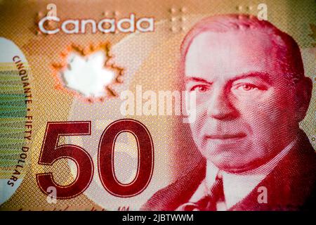 Nahaufnahme des kanadischen 50-Dollar-Gesetzes mit dem Gesicht von William Lyon Mackenzie King (1874-1950), dem berühmten exzentrischen Premierminister wh Stockfoto