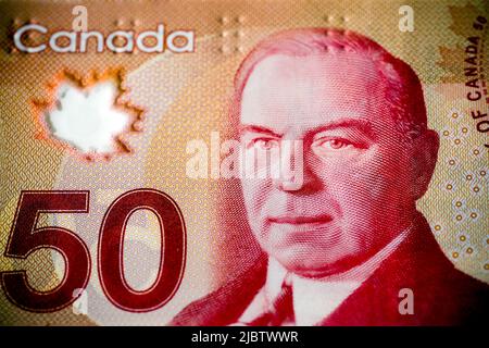 Nahaufnahme des kanadischen 50-Dollar-Gesetzes mit dem Gesicht von William Lyon Mackenzie King (1874-1950), dem berühmten exzentrischen Premierminister wh Stockfoto