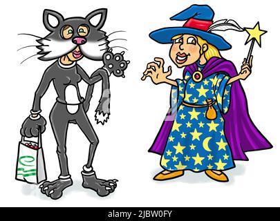 Cartoon-Kunst, zwei Mädchen in Halloween-Kostümen, schickes Kleid, bereit für Süßes oder Saures, festlicher Spaß, saisonale Veranstaltungen, Katzenmagier. Stockfoto