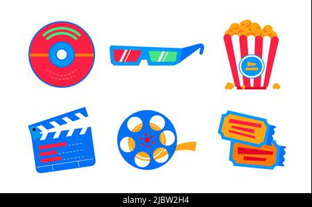Filmpremiere im Kino – Symbole im flachen Design. Hochwertige, farbenfrohe Bilder von CD, 3D Gläser zum Anschauen eines Films, Klappbrettschlauch, Popcorn Stock Vektor